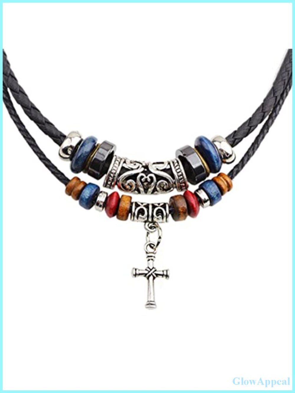 Braided Leather Necklace Vintage Style Double Layers Black Tribal with Cross